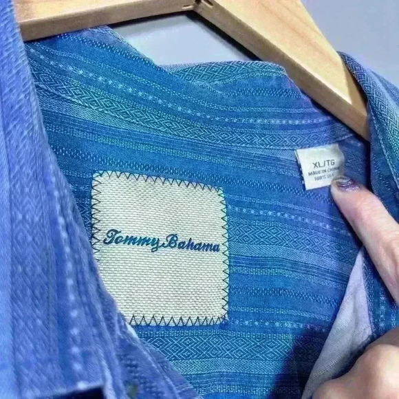 TOMMY BAHAMA 100% Silk Blue Stripe Casual Short Sleeve Button Up Men XL - Picture 7 of 9